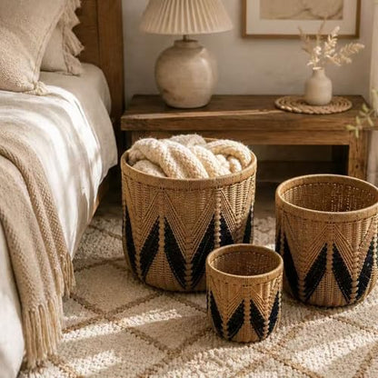 Set of 3 Woven Storage Baskets Decorative Nested Organizer Bins for Blankets Toys Towels and Home Organization Set for Living Room Bedroom Natural,S+M+L