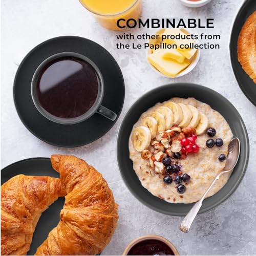 MIAMIO - Set of 6, Ceramic Stackable Cappuccino Cups Set / 6 Ounce Cappuccino Mugs and Saucer with Metal Stand for Coffee Drinks, Cafe, Latte, Americano and Tea - Le Papillon Collection (Black) - color: Black