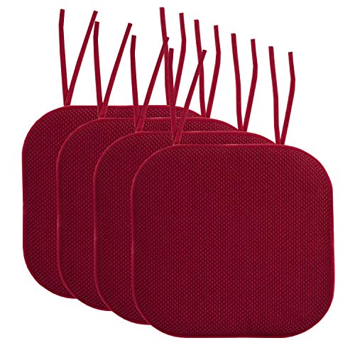 Sweet Home Collection Chair Cushion Memory Foam Pads with Ties Honeycomb Pattern Slip Non Skid Rubber Back Rounded Square 16" x 16" Seat Cover, 4 Pack, Wine Burgundy 4 Pack - color: Wine Burgundy, size: 4 Count (Pack of 1)