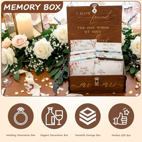 Mr and Mrs Wedding Keepsake Box Large Wooden Storage Box with Lid and Lock | Assembled Keepsake Memory Box, Anniversary Engagement Gift, Exquisitely Carved Exterior, Quick Assembly, Large Capacity