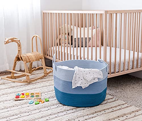 OrganiHaus Round Toy Basket & Blanket Basket, Cotton Rope 20x13" | 3-Toned Blue - Round Cotton Rope Basket, 20x13" - color: 3-toned Blue, size: Wide