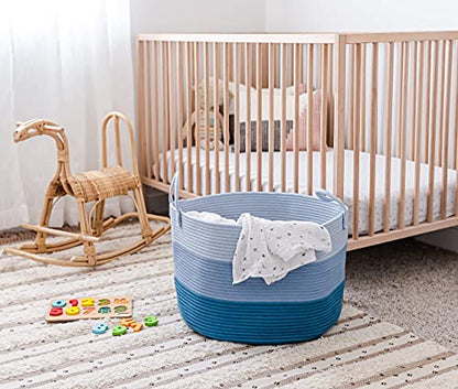 OrganiHaus Round Toy Basket & Blanket Basket, Cotton Rope 20x13" | 3-Toned Blue - Round Cotton Rope Basket, 20x13" - color: 3-toned Blue, size: Wide