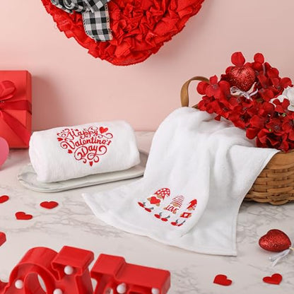 Valentines Day Hand Towels 100% Cotton Embroidered Red Gnome Heart Decorative Bathroom Kitchen Dish Towels Set Gift Set of 2 14x29 inch - color: Va.red Gnome