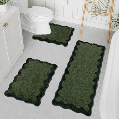 Uphome Scalloped Bathroom Rugs Sets 3 Piece Green Non-Slip Cute Absorbent Long Bath Mat with U-Shaped Contour Toilet Rug Fun Machine Washable Shaggy Bathroom Mats for Bathroom Tub Shower - color: Green, size: 18"x26"+18"x47"+U Shape 20"x24"