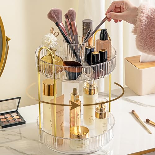Aveniee 360 Rotating Makeup Organizer for Vanity, Upagraded Perfume Skincare Bathroom Counter Organizers with Brush Divider, Two Tier Spinning Lipstick Cosmetic Lotion Storage,White - color: Pearl White, size: New-2 Tier
