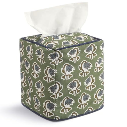 Green Fabric Tissue Box Cover - Floral Print Tissue Box & Decorative Square Napkin Holder Handmade Cotton for Home Bedroom Vanity Countertop Night Stands Office - style: Green