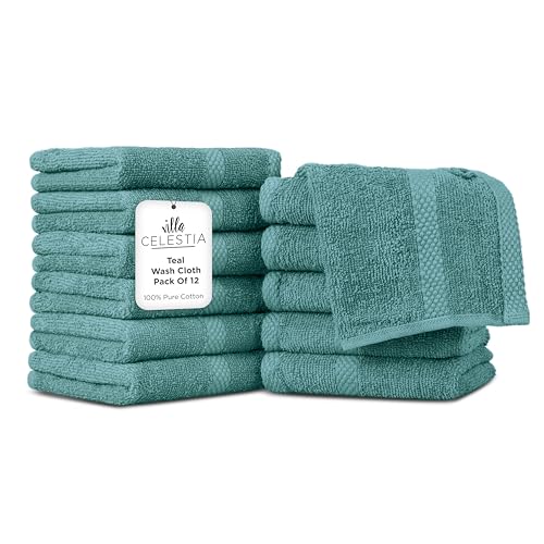 Villa Celestia Cotton Washcloths Set of 12, 12x12 Inch, 100% Ring-Spun Combed Cotton, Soft Absorbent Quick-Dry Wash Cloths for Face and Body, Oeko-TEX Certified, Hotel & Spa Quality, Teal - color: Teal, size: Washcloth - Pack of 12