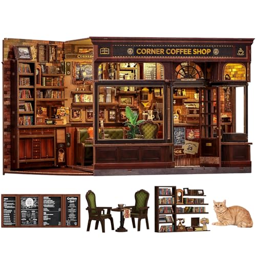 Book Nook Kit - 3D Wooden Puzzles for Adults (Corner Coffee Shop) | Tiny Cafe House Bookshelf Diorama Booknook Bookstore Mini Building Kit Gifts for Women - style: Corner Coffee Shop