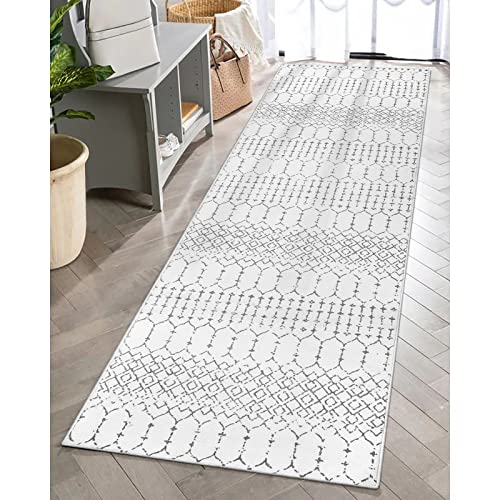 Lahome Moroccan Small Runner Rug - 2x5 Rug Runner Non-Slip Washable Laundry Room Rugs Throw Lightweight Hallway Carpet Indoor, Geometric Print Mat for Bedroom Kitchen Hana (White, 2'x5') - color: White, size: 2' x 5' (Runner)