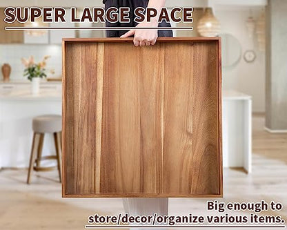 Extra Large Square Wood Tray, Generously 22" Acacia Serving Trays for Large Ottoman Coffee Table, Giant Square Shape Sofa Tray with Handles, Kitchen Organizer Storage Trays Huge Counter Serveware - color: 22" Square Tray - Acacia