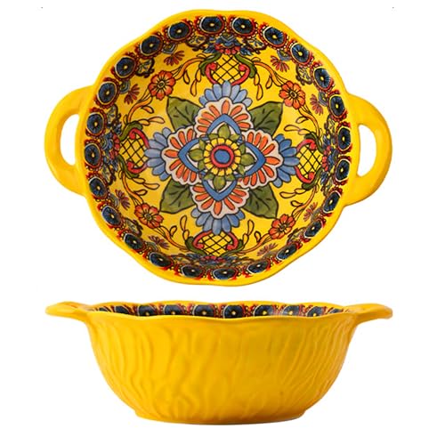 2 Pack Boho Ceramic Serving Bowls with Handles, 40 Oz Porcelain Salad Bowls, Large Serving Dishes for Entertaining, Mixing Bowls for Soup, Stew, Pasta, Cereal, Colorful Embossed Cute Bowls Set HH - color: Yellow