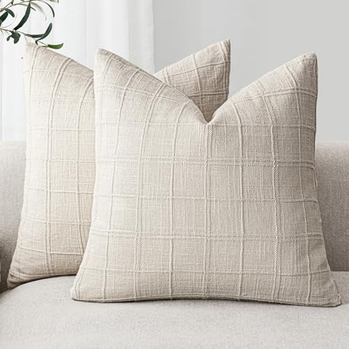 Foindtower Set of 2 Decorative Linen Check Throw Pillow Covers Neutral Farmhouse Vintage Cushion Covers Modern Boho Home Decor for Sofa Chair Couch Bedroom Living Room,16×16 Inch,Natural Beige - color: Beige, size: 16" x 16" (Pack of 2)