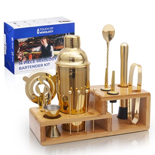 14PC Bartender Kit - Gold Cocktail Shaker Set - All Barware Essentials for Drink Mixing Includes Stand, Martini Shaker, Jigger, Strainer, Mixer Spoon, Muddler, Liquor Pourers, Touch of Mixology - color: Gold