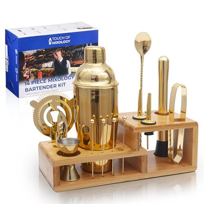 14PC Bartender Kit - Gold Cocktail Shaker Set - All Barware Essentials for Drink Mixing Includes Stand, Martini Shaker, Jigger, Strainer, Mixer Spoon, Muddler, Liquor Pourers, Touch of Mixology - color: Gold