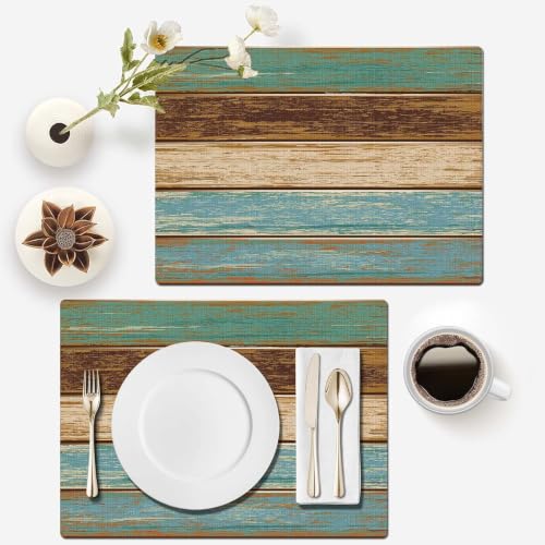 Mcalk Farmhouse Table Runner and Placemats Set of 6 Pieces, Teal and Brown Placemats Wooden Texture,Rectangle Cloth Place Mats Indoor for Kitchen,Washable Placemats Linen Material for Living Table - color: 01teal and Brown