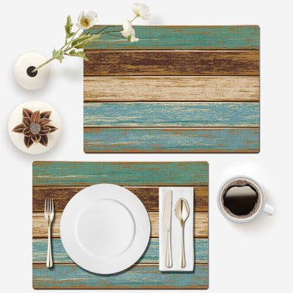 Mcalk Farmhouse Table Runner and Placemats Set of 6 Pieces, Teal and Brown Placemats Wooden Texture,Rectangle Cloth Place Mats Indoor for Kitchen,Washable Placemats Linen Material for Living Table - color: 01teal and Brown