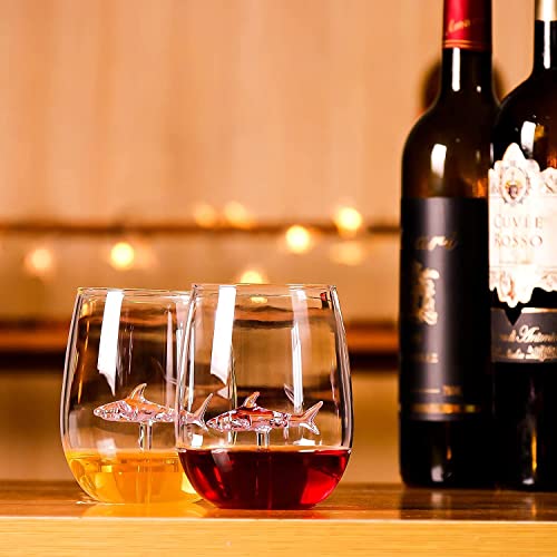 Shark Stemless Crystal Wine Glasses - Personalized Set of 2, Fancy Cool Red Wine Cups, Unique Shark Lover Gifts for Women, Party, Birthday, Wedding (Pink) - color: Pink