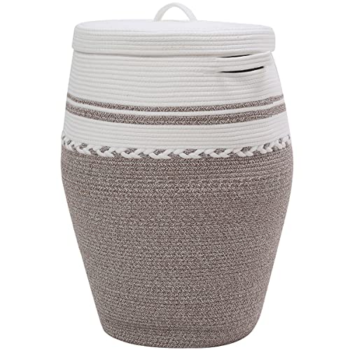 26"x20" Extra Large Tall Woven Laundry Basket with Lid, Cotton Rope Blanket Storage Basket, Freestanding Decorative Bin for Bedroom Living Room, Cream & Camel Marl - color: White/Deep Camel White Mix, size: 26"x20"