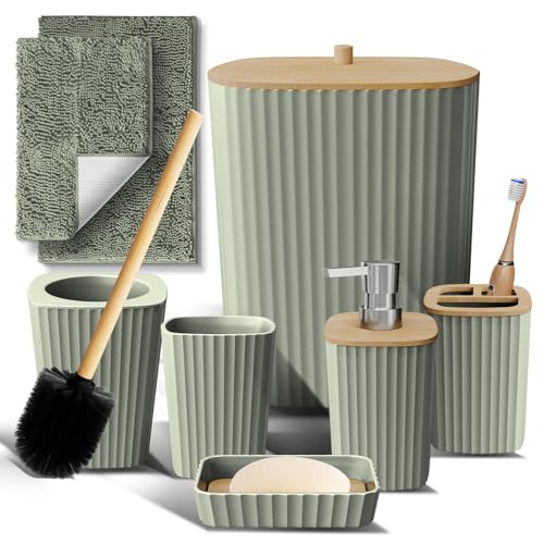 Clara Clark Bathroom Set - Sage Green Bathroom Accessories Set, 6PC Bathroom Accessory Set, Bathroom Sets with Bathroom Rugs, Toilet Brush, Trash Can & Soap Dispenser - color: Sage Green, size: Complete Set + Bath Rugs