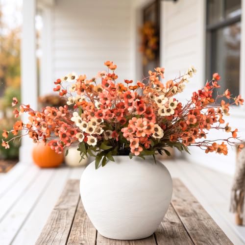 Orange Faux Wildflowers for Fall Decor, Artificial Mum Look For Porch | 24 Fake Wild flower Long Stems for Indoor & Covered Porch, Burnt Orange & Light Yellow Silk Flowers for Table Centerpieces - color: Orange Wildflowers
