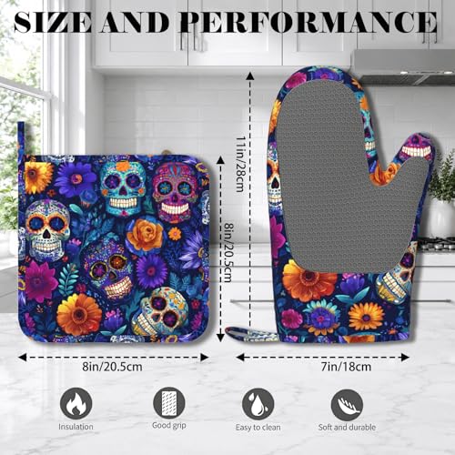 Day of The Dead Oven Mitt and Pot Holder with Silicone Heat Resistant Kitchen for Cooking BBQ Baking Grilling Cooking Protection - color: Day of the Dead