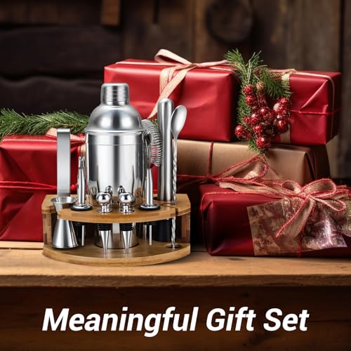 Cocktail Shaker Set Bartender Kit with Stand, 12 Piece Drink Mixer Set with Stainless Steel Bar Accessories Tools: 25oz Martini Shaker Jigger Strainer Spoon Muddler for Cocktails (Silver) - color: Silver
