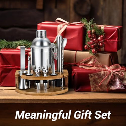 Cocktail Shaker Set Bartender Kit with Stand, 12 Piece Drink Mixer Set with Stainless Steel Bar Accessories Tools: 25oz Martini Shaker Jigger Strainer Spoon Muddler for Cocktails (Silver) - color: Silver