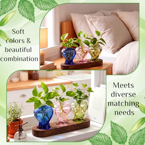 Zhehao 3 Pcs Plant Propagation Stations with Wooden Stand Heart Shaped Propagation Vases for Indoor Plants Home Office Desk Decor Gardening Gifts for Women Mom Birthday Gifts for Plants Lovers