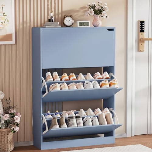 Shoe Storage Cabinet, Wood Shoe Organizer for Entryway with 3 Flip Drawers, Freestanding Shoe Rack with Adjustable Shelf, Narrow Shoe Dresser for Front Door Entrance (Blue, Standard 3 Drawers) - color: Blue, size: Regular 3 Drawers