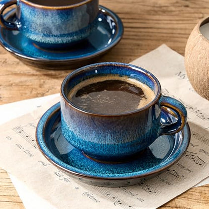 JIEMEI HOME Porcelain Stackable Cappuccino Cups with Saucers and Metal Stand, 7 Ounce Espresso Cups for Latte Coffee Cafe, Specialty Coffee Drinks, Cappuccino and Tea - Set of 4, Midnight Tide - color: Midnight Tide