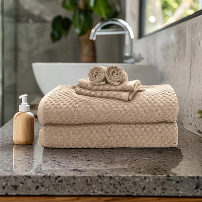 COTTON CRAFT Euro Spa Waffle Weave 6 Piece Towel Set - 100% Cotton - Linen | 2 Oversized Luxurious Large Bath Towels, 2 Hand Towels, 2 Washcloths - Soft Plush Super Absorbent Low Lint Quick Dry - color: Linen, size: 6 Piece Towel Set