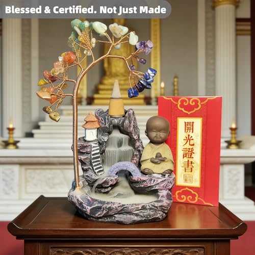 Monk-Blessed Laughing Buddha Backflow Incense Burner, 63-Gemstone Chakra Tree, Temple-Certified Feng Shui Altar Decor for Meditation & Reiki, Mother's Day, Birthday Gift(7.4 Inch)