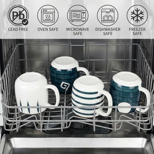 DEAYOU Set of 4 Porcelain Coffee Mugs, 17 Oz Ceramic Coffee Cups with Handles, Large Hand-Painted Tea Cups for Cappucino, Milk, Latte, Cocoa, Hot or Cold Drinks, Microwave & Dishwasher Safe