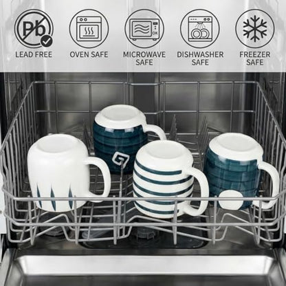 DEAYOU Set of 4 Porcelain Coffee Mugs, 17 Oz Ceramic Coffee Cups with Handles, Large Hand-Painted Tea Cups for Cappucino, Milk, Latte, Cocoa, Hot or Cold Drinks, Microwave & Dishwasher Safe