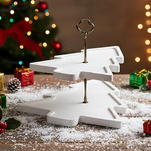 Wood 2-Tiered Christmas Tree Tray Cupcake Stand Dessert Display Holiday Serving Platters Xmas Wooden Charcuterie Board for Snacks Food Fruit Appetizers Desserts Cookies(Distressed White) - color: Distressed White