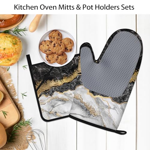 Black Gold Oven Mitts and Pot Holders Sets Marble Kitchen Accessories of 4 Heat Resistant Oven Gloves Hot Pads with Non-Slip Silicone Surface for Chef Cooking Baking - color: Black & Gold