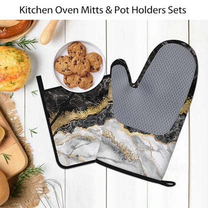 Black Gold Oven Mitts and Pot Holders Sets Marble Kitchen Accessories of 4 Heat Resistant Oven Gloves Hot Pads with Non-Slip Silicone Surface for Chef Cooking Baking - color: Black & Gold