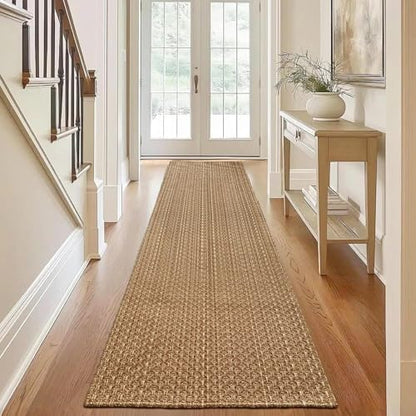 Tan Brown Boho Faux Jute Runner Rug 2x8 ft,Braided Non Slip Hallway Rug | Soft solid washable runner carpet, great for entryway, kitchen, bedroom and living room - size: 2' x 8' (Rectangular)