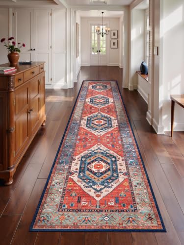 SERISSA 2'6"x12' Washable Non Slip Boho Runner Rug for Hallway，Rust | Ultra Soft Vintage Oriental Carpet Low-Pile Tribal Floor Carpet for Kitchen Bedroom Entryway Bathroom Laundry Room - color: Rust/Multi, size: 2'6" x 12' (Runner)