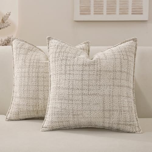 Chenille Throw Pillow Covers 18x18 Set of 2, Thick Soft Tweed Textured Decorative Boho Pillow Covers with Elegant Design for Couch, Sofa, Living Room, Cream - color: Cream, size: 18" x 18" (Pack of 2)
