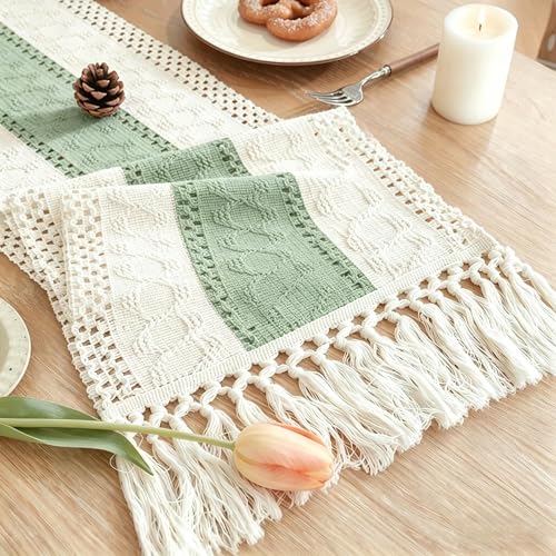 Boho Table Runner for Home Decor with Tassels 90 Inches Long , Farmhouse Rustic Green Table Runners for Bohemian Kitchen Dining Table(12x90in,Fringe Included) - color: Green, size: 12"x90"