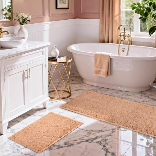 Beige Bathroom Rugs, 47x20 Large Bath Mat & 17x24 Small Bathroom Mat, Soft Chenille Non-Slip Rugs for Bathroom Floor, Tub & Shower, Absorbent and Machine Washable - color: Beige-2