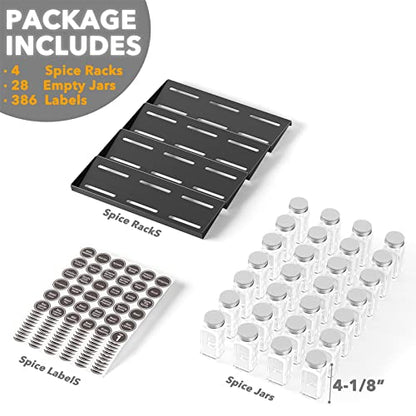 SpaceAid Spice Drawer Organizer with 28 Spice Jars, 386 Spice Labels, 4 Tier Seasoning Rack Tray Insert for Kitchen Drawers, 13" Wide x 17.5" Deep - size: 28 Jars, 13" Wide
