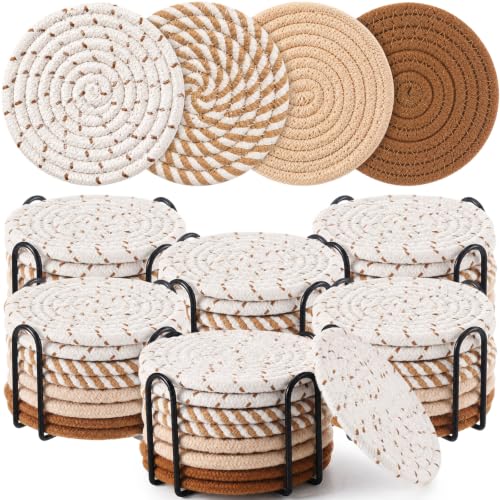 48 Pcs Drink Coasters with Holder 4 Colors Absorbent Coasters for Drinks Minimalist Cotton Woven Coaster Set for Home Decoration Tabletop Protection for Various Cups, 4.3 Inches