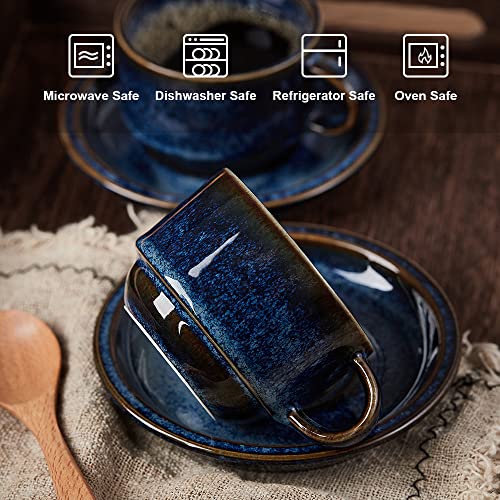 JIEMEI HOME Porcelain Stackable Espresso Cups with Saucers and Metal Stand,4 Ounce Demitasse Cups for Coffee Drinks, Latte, Tea - Set of 6, Stackable Espresso Mugs, Reactive Glaze, Bule - color: Reactive Glaze Blue