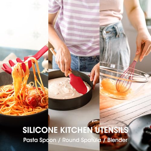 Kitchen Utensils Set Silicone Kitchen Utensils Set with Wooden Handle Utensils for Cooking Heat Resistant Silicone Non-Stick Cookware BPA FREE (Red) - color: Red
