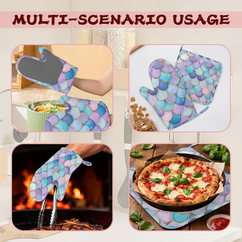 Pink Mermaid Scales Heat-Resistant Silicone Oven Mitts and Pot Holders,Long Oven Gloves with Non-Slip Grip for Cooking, Baking, Grilling,BBQ - color: Pink Mermaid Scales
