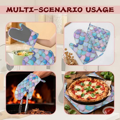 Pink Mermaid Scales Heat-Resistant Silicone Oven Mitts and Pot Holders,Long Oven Gloves with Non-Slip Grip for Cooking, Baking, Grilling,BBQ - color: Pink Mermaid Scales