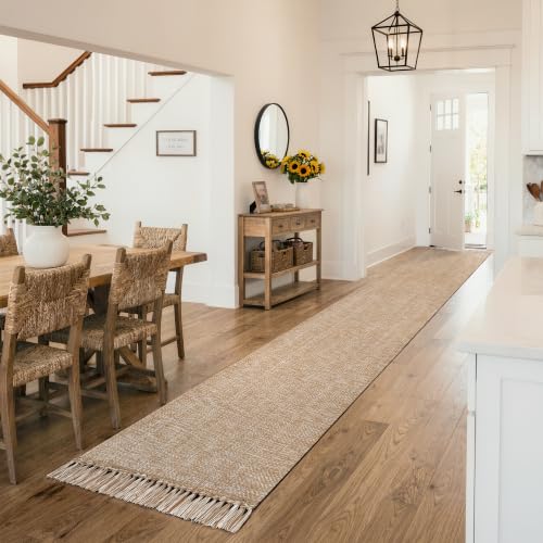 Boho Runner Rug for Hallway, 2.6x16 ft Long Entry Hall Rugs | Tan Modern Farmhouse Kitchen Runner Rugs, Hand-Woven Washable Bathroom Mat Braided Bedside Carpet for Bedroom Laundry - color: Tan/Cream, size: 2.6' x 16' (Rectangular)