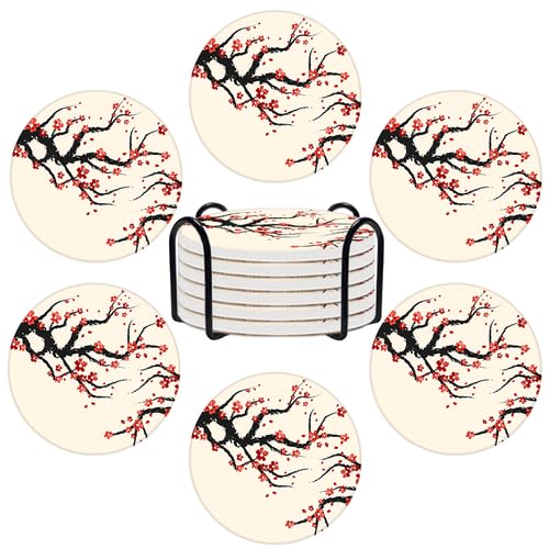 Ceramic Coasters Set of 6 Absorbent Stone Drink Coasters with Holder,Non-Slip Cork Backing, Coasters for Coffee Table,Desk & Home Decor